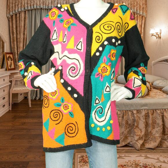 Vintage Sideeffects Loud Rainbow Abstract Art Knit Cardigan Sweater Jumper - Picture 2 of 7